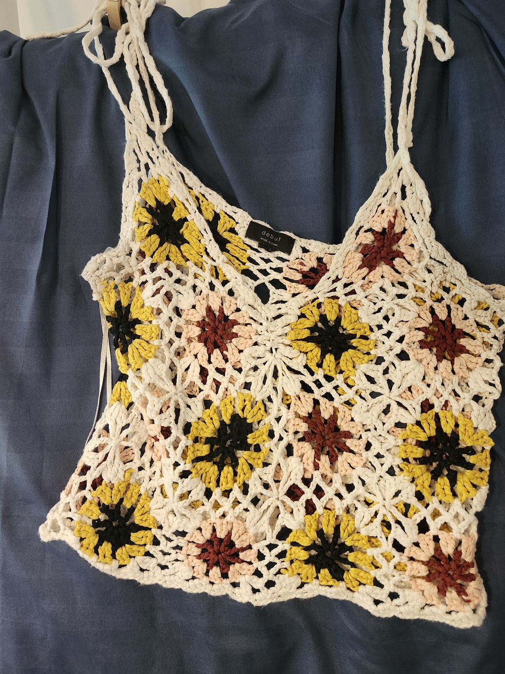 debut Crochet Floral Tie-Strap Camisole - White, Yellow, Black & Rust